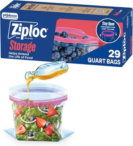 Bolsas Ziploc de almacenamiento de alimentos Quart, fondo de pie, fáciles de llenar, 29 unidades (el empaque puede variar)