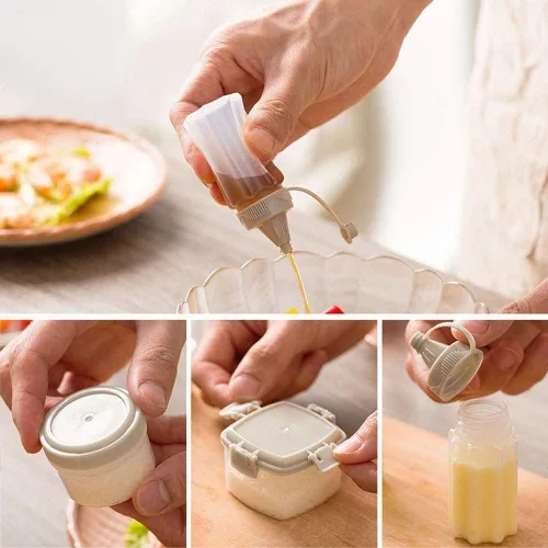 Vista 2 de 4 mini cajas de condimentos de salsa de plástico con tapa, portátil de PP para cocina, botella exprimible, fácil de limpiar, contenedor
