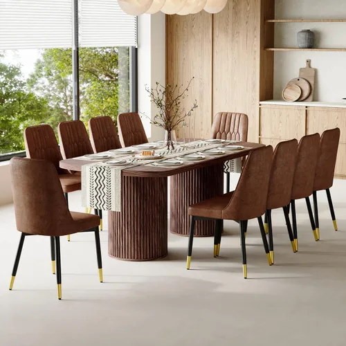 Vista 23 de Mesa de comedor extra larga de 78.7 pulgadas para 6-10 personas, mesa de cocina moderna con bases estriadas, mesa de comedor rectangular de granja