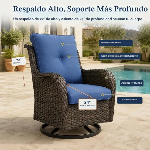 Vista 5 de HUMMUH Juego de 2 sillas giratorias de mimbre para patio, juego de muebles Café/Beige
