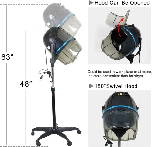 Vista 8 de JupiterForce Secador de pelo profesional con capucha de 1300 W, ajustable, con ruedas enrollables, para hogar, salón, spa, equipo de belleza