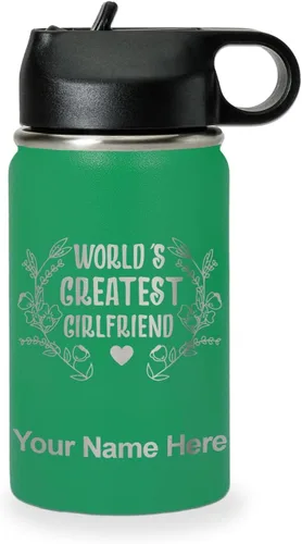 Vista 72 de LaserGram Personalized Water Bottle, World's Greatest Girlfriend, Stainless Steel Double Wall Vacuum Insulated with Flip Top Straw, Custom Engraved