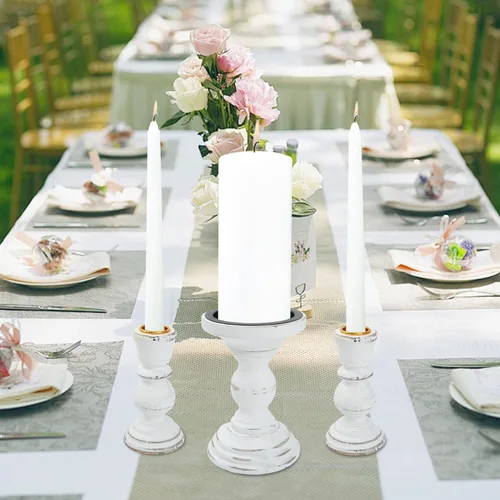 Vista 6 de Unity - Portavelas de madera LIKEYO Unity para bodas, juego de 3 velas rústicas, candelabros blancos de madera para mesa de boda, centro de mesa