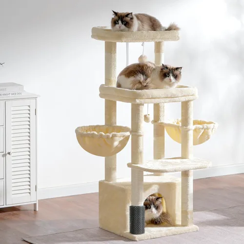 Vista 9 de Hey-brother Torre de árbol para gatos, postes rascadores con plataforma extragrande, condominio espacioso, 2 hamacas acogedoras, cepillo de autoaseo