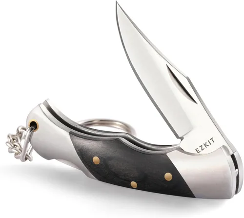 Vista 10 de Cuchillo de bolsillo pequeño, cuchillo EDC con mango de acero inoxidable y madera, pequeño cuchillo plegable, longitud de la hoja 1.5 pulgadas