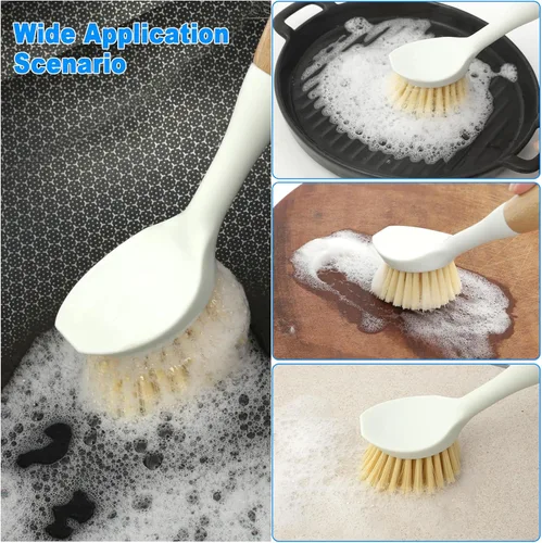Vista 4 de Cepillo de bambú para platos, paquete de 3 cepillos de cocina con mango de bambú, juego de limpiador de platos con raspador integrado, cepillo