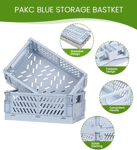 Vista 2 de HUUSMOT Paquete de 2 pequeñas cestas de almacenamiento de plástico pastel, cajas plegables para organizar, mini contenedores que ahorran espacio