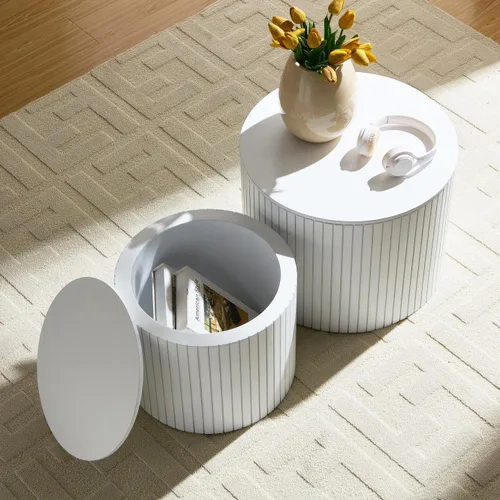 Vista 9 de KEVINSPACE Juego de 2 mesas auxiliares pequeñas, mesa auxiliar redonda con función de almacenamiento, mesa auxiliar de madera, mesas decorativas