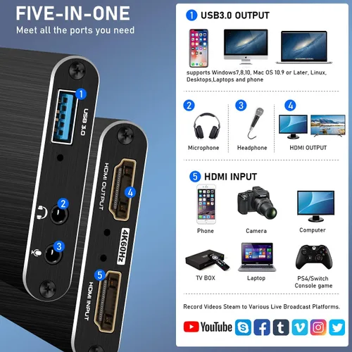 Vista 3 de Tarjeta de captura, 4K HDMI Audio Video Capture Card con Loop-Out, 1080P 60FPS juego Live Streaming Caputre Dispositivo para Nintendo SwitchPS4Xbox
