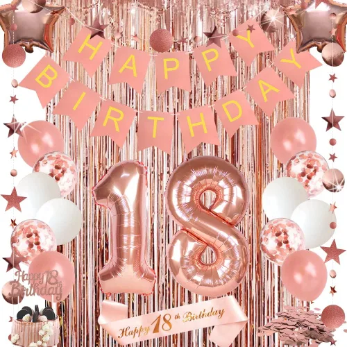 Decoraciones de cumpleaños número 18 para niñas, pancarta de feliz cumpleaños, globo de aluminio número 18, decoración de pastel de papel de abanico
