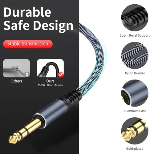 Vista 5 de Extensión de auriculares estéreo macho a hembra de 1/4 pulgadas, cable de auriculares de 3 pies de pulgada