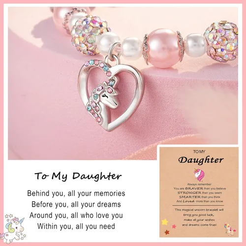Vista 2 de HGDEER Pulsera de unicornio para hijanietasobrina Pulsera de perlas rosas y bolas de diamantes de imitación Longitud ajustable Adecuado