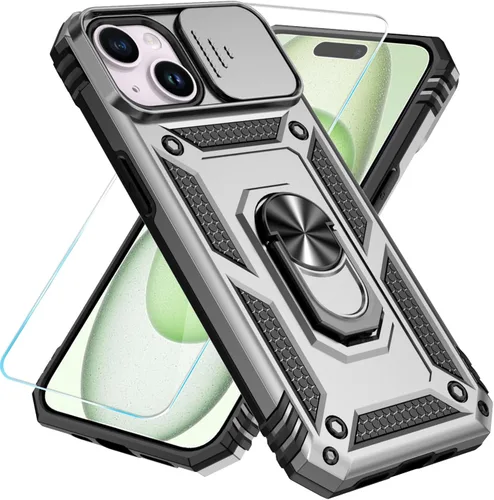 Vista 9 de SunStory Funda compatible con iPhone 15 con protector de pantalla HD, cubierta de cámara deslizante y soporte de anillo giratorio, [grado militar]