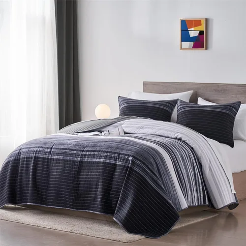 Vista 2 de KAKIJUMN - Juego de ropa de cama para cama full/queen, juego de edredón de patchwork a rayas en negro, blanco y gris, juego de 2 piezas de colcha