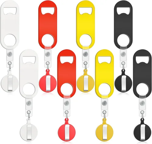 Vista 8 de Honoson Abrebotellas retráctil de bartender, 8 piezas, abridor de cerveza plano con clips redondos para carrete de insignia, soporte para cocina