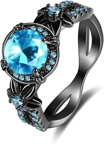 Anillos góticos negros para mujer, topacio arcoíris místico con flor de amatista creada, anillo de compromiso gótico de oro negro, talla 6 a 11