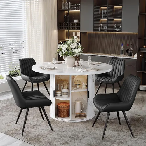 Vista 45 de Miereirl Juego de mesa y sillas de comedor moderno redondo, con una mesa de comedor de madera equipada con compartimentos de almacenamiento