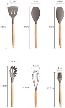 Vista 7 de Juego de utensilios de cocina de silicona, utensilios de cocina con mango de madera, utensilios de cocina, juego de espátula, pala y cuchara