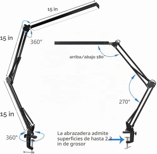 Vista 5 de Lámpara de escritorio LED para arquitecto, control táctil, brazo oscilante de metal, lámpara de tarea regulable, lámpara de mesa para el cuidado