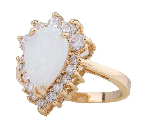 Vista 3 de ZIS Nuevo diseño blanco ópalo de fuego gota de agua 18K chapado en oro CZ piedra anillos de compromiso (8)