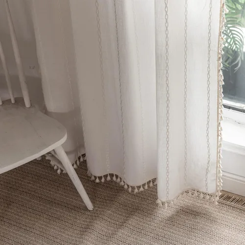 Vista 3 de RoomTalks - Cortinas de lino y algodón con borlas, bordadas, bohemias, francesas, rústicas y elegantes, a rayas, para dormitorio y sala de estar