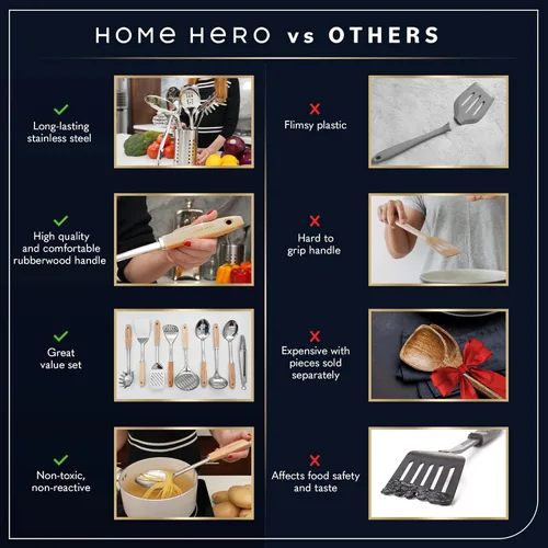 Vista 7 de Home Hero Juego de utensilios de cocina de acero inoxidable – Juego de utensilios de cocina de acero inoxidable antiadherente con mango de madera