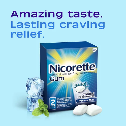 Vista 2 de Nicorette Goma de mascar de nicotina de 2 mg para ayudar a dejar de fumar - Ayuda para dejar de fumar con sabor a menta blanca helada, 160