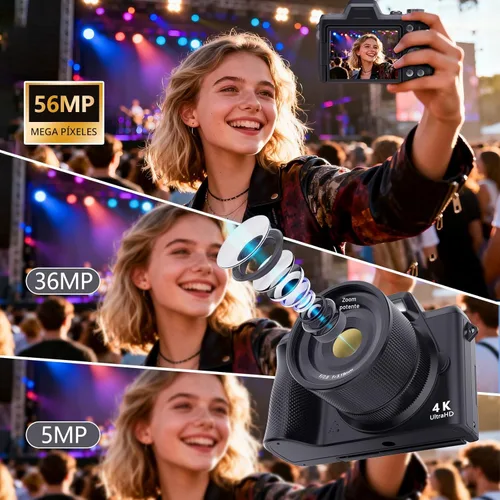 Vista 2 de Cámara Digital 4K para Fotografía y Vlogging, Cámaras Digitales de 56MP Tipo Point and Shoot con Pantalla Abatible de 180°, Cámara de Viaje Compacta