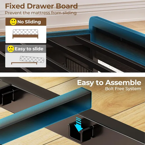 Vista 7 de Rolanstar Bed Frame Twin Size with Charging Station and LED Lights, Upholstered Storage Headboard with Drawers, Heavy Duty Metal Slats, No Box