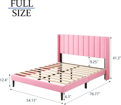 Vista 8 de Base de cama tamaño Queen con cabecera tapizada con respaldo de ala, plataforma de fácil montaje, soporte de listones de madera, no necesita somier