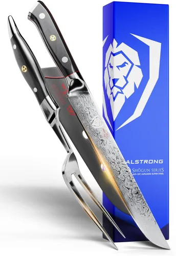 Dalstrong, juego de cuchillo de tallado y tenedor - 9 pulgadas - serie Shogun ELITE - juego de cuchillos de tallado de Damasco - cuchillo de cocina