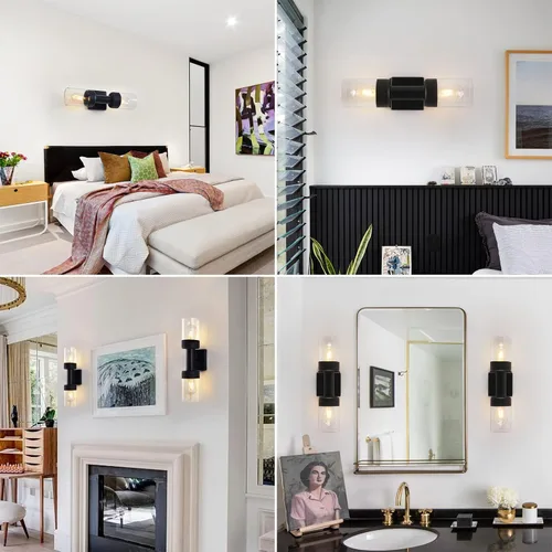 Vista 7 de Lámparas de baño de 2 luces, apliques de pared negros modernos, lámpara de tocador de baño con pantalla de vidrio transparente, lámpara de pared