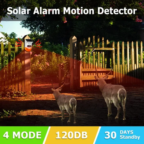 Vista 3 de Luz de alarma estroboscópica solar con sensor de movimiento, sirena de alarma para exteriores con control remoto de 120 db, luz de sirena