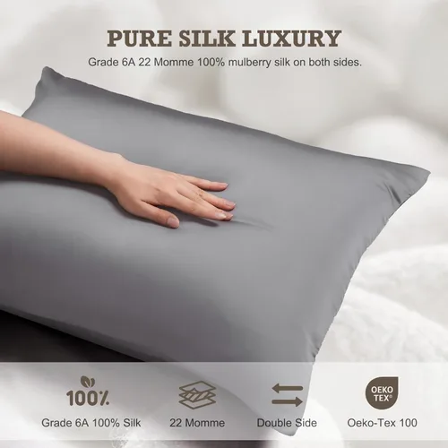 Vista 3 de BPC Juego de 2 fundas de almohada 100% seda de morera, fundas de almohada de seda tamaño Queen para cabello y piel, funda de almohada suave y sedosa
