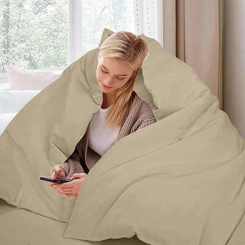 Vista 9 de ROYALE LINENS Juego de funda de edredón color arena tamaño matrimonial Juego de funda de edredón suave de 3 piezas de doble cepillado con cierre