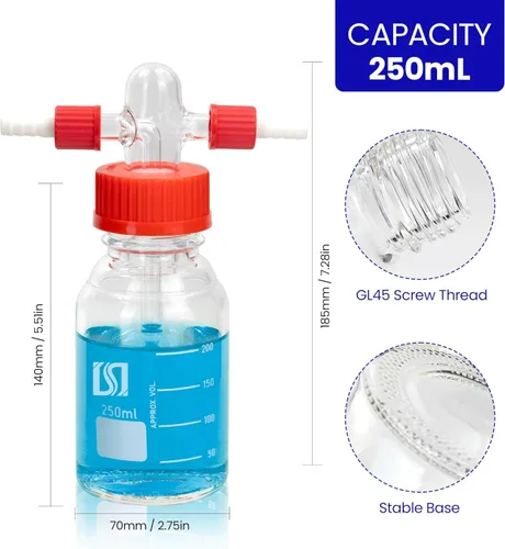 Vista 2 de ALWSCI Botella de lavado de gas de laboratorio, vidrio de 8.5 fl oz, botella de búfer de laboratorio graduada, cabeza Drechsel GL45 con disco