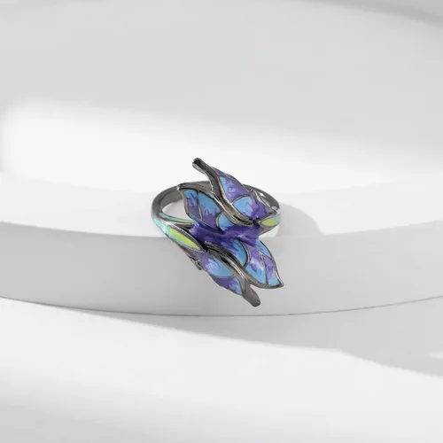 Vista 3 de Black Gothic Butterfly Rings for Women - Enamel Copper Blue Flower Colorful Ring