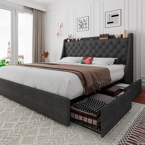 Vista 9 de iPormis Base de cama Queen con 4 cajones de almacenamiento, marco de cama tapizado con puertos tipo C y USB, cabecera de almacenamiento con respaldo