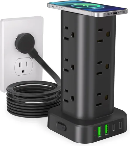 Vista 13 de Regleta de alimentación de torre con múltiples salidas, protector de sobretensiones de enchufe plano, cable de extensión de torre con 12 tomas