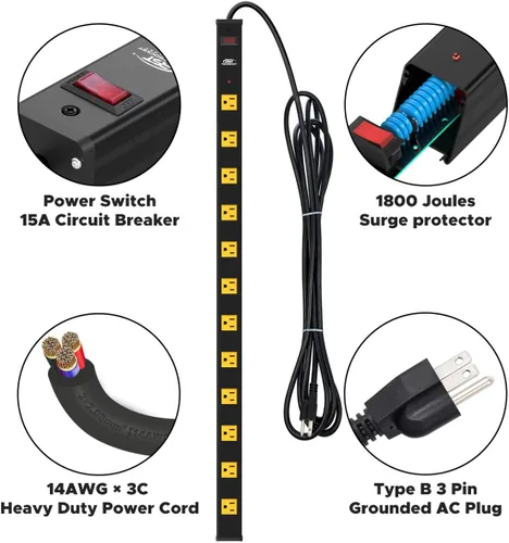 Vista 4 de CRST Regleta Protectora contra Sobretensiones de Servicio Pesado con Espaciado Amplio de 12 Tomas Cable de Extensión de 15 Pies de Largo