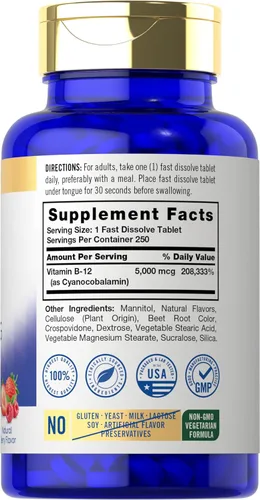 Vista 2 de Carlyle Vitamina B12 5000 mcg Sublingual 250 tabletas de disolución rápida Alta potencia Sabor natural de bayas Vegetariano, sin OMG y sin