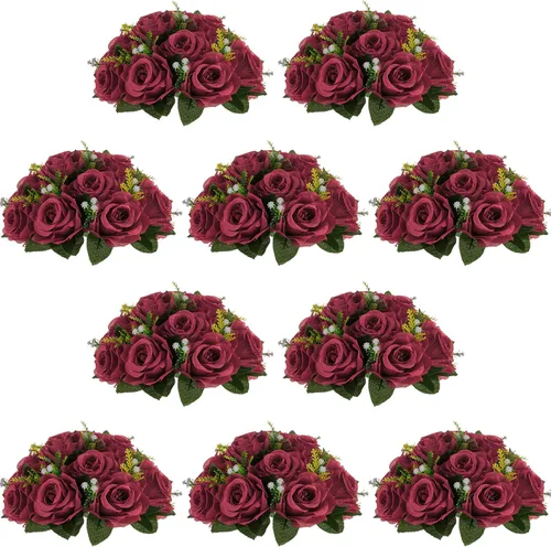 Vista 17 de NUPTIO Arreglo de Bolas de Flores en Ramo - 2 Piezas de 9.5 Pulgadas de Diámetro Bolas de Flores Falsas Carmesí Rosas para Centros de Mesa Mesas