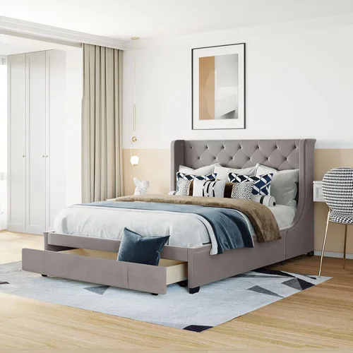 Vista 170 de SOFTSEA Cama de plataforma tapizada tamaño Queen con cajón de almacenamiento, marco de cama tapizado con cabecera con respaldo de alas, soporte