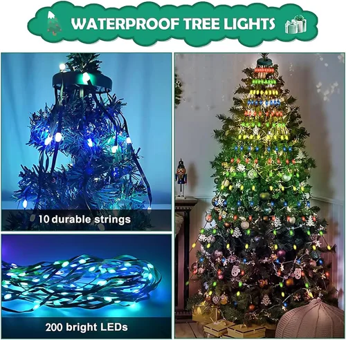 Vista 12 de Cadena de luces para árbol de Navidad con anillo, control remoto inteligente por aplicación, 200 LED
