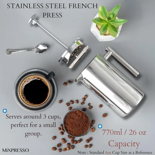 Vista 30 de Mixpresso Cafetera de Prensa Francesa de Acero Inoxidable Negro 26 Oz 770 ml, Prensa Francesa de Acero Inoxidable con Aislamiento de Doble Pared