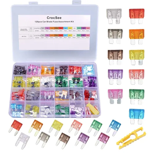 CrocSee 120 piezas - Juego de fusibles para automóvil, fusibles automotrices tipo cuchilla - Tamaño estándar y mini
