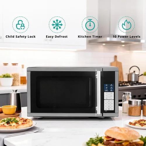 Vista 5 de SMETA Microondas para encimera de 0.7 pies cúbicos, microondas pequeño compacto de 700 W, 10 niveles de potencia, 6 menús automáticos, expreso