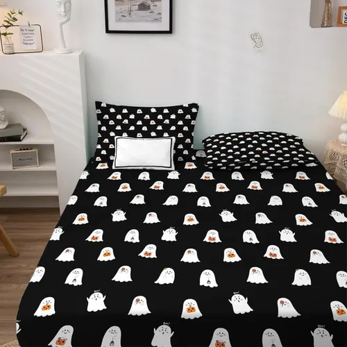 Vista 3 de Juego de sábanas de fantasma tamaño individual, sábanas de microfibra suave y bolsillo profundo, sábanas y fundas de almohada estampadas sin