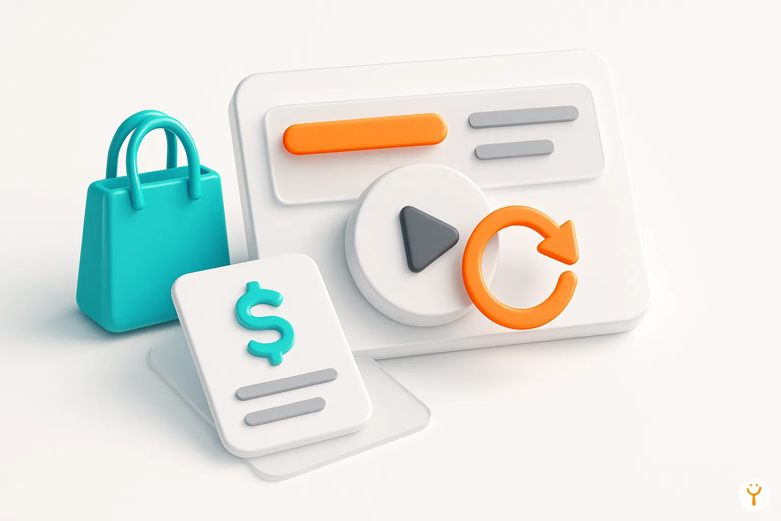 Composición 3D minimalista con íconos de artículos y notificaciones flotando sobre fondo blanco en colores naranja y azul